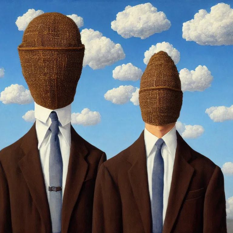 Image similar to portrait of a faceless burlap sack - head man in a suit, clouds in the background, by rene magritte, detailed painting, distance, centered, hd, hq, high resolution, high detail, 4 k, 8 k