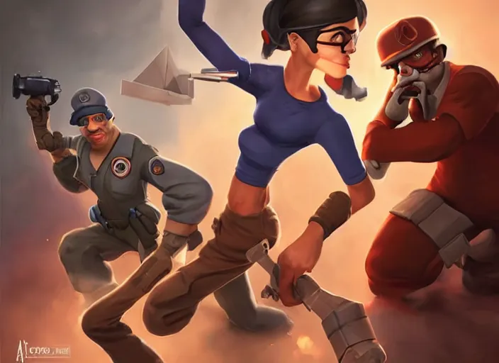 Image similar to aoc as a character in team fortress 2 battling ben shapiro as a character from team fortress 2, character portrait, cinematic lighting, art by artgerm and tom bagshaw, team fortress character art, great battle