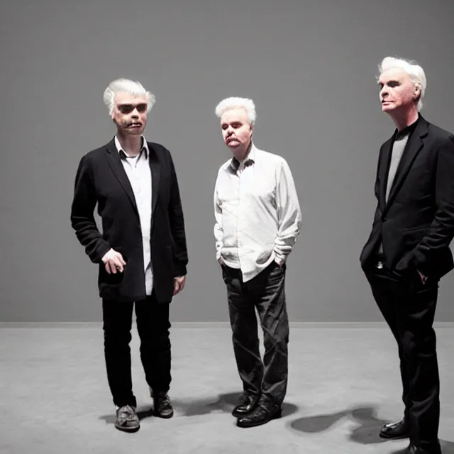 Prompt: david byrne and brian eno are looking for ideas in an art museum