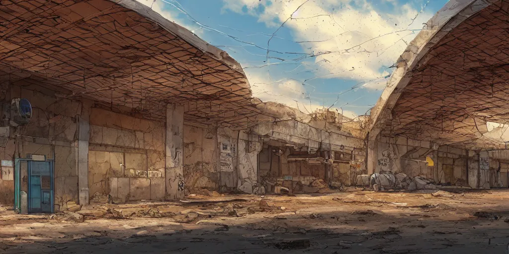 Image similar to an old and abadoned israeli bus station in the negev, without people, noon, sunlights, wide shot, digital art, ghibli style, vivid colors, flat colors, trending on artstation, high quality