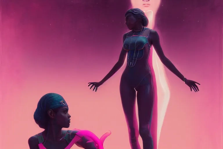 Image similar to patron saint 👩🏾, futuristic clothing, pink background, warped gravity, neon god of city character portrait, in the style of moebius, wlop, tom bagshaw, and waterhouse, cinematic lighting, beautiful, elegant, oil painting,