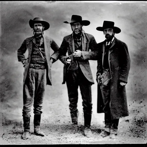 Image similar to a platinotype photo of three man from the old west going on an expedition to find a haunted burial ground and exhume it from a terrorizing creature