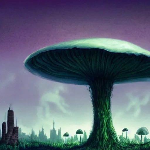 Image similar to a nightmarish creature looming over a city on the horizon, a mushroom forest