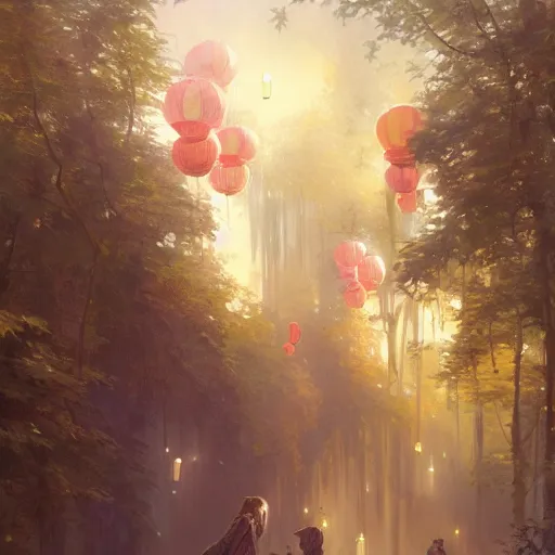 Prompt: Concept art, Sky lanterns by gingko trees, 8k, by james gurney, greg rutkowski, and john howe, background by alphonse mucha, artstation