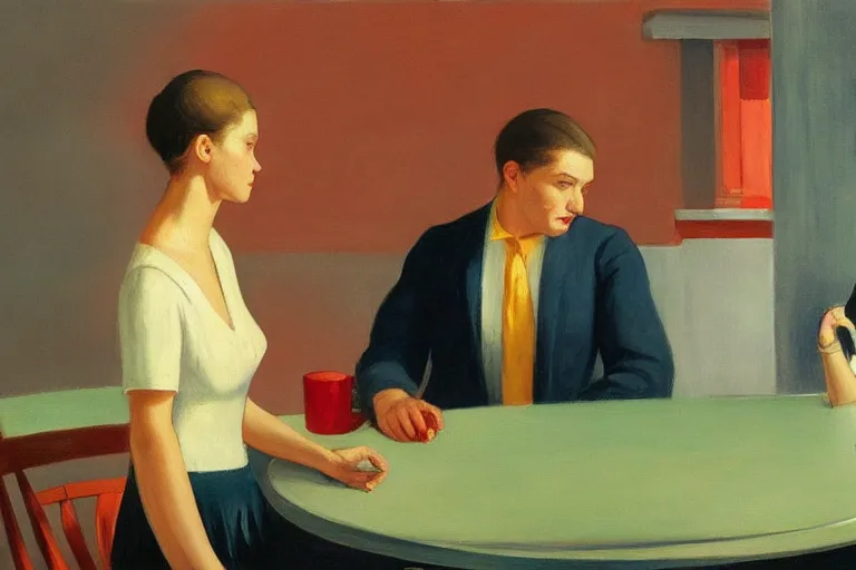 Prompt: 2 people arguing , in the style of Edward Hopper