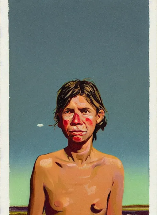 Image similar to composition by justine kurland, an extreme up - close portrait of a beautiful tan skinned light brown hair maid cleaning in a scenic representation of mother nature and the meaning of life by billy childish, thick visible brush strokes, shadowy landscape painting in the background by beal gifford, vintage postcard illustration, minimalist cover art by mitchell hooks