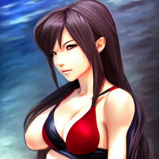 Image similar to beautiful tifa from final fantasy in a bikini, drawn by artgerm
