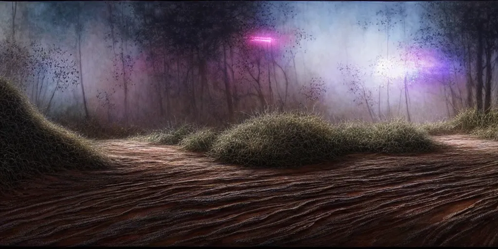 Image similar to hyperrealistic mixed media painting of a dirt trail, stunning 3d render inspired art by P. Craig Russell and Barry Windsor-Smith + dim volumetric lighting, dizzy, full body, 8k octane beautifully detailed render, post-processing, extremely hyperdetailed, intricate, epic composition, grim yet sparkling atmosphere, cinematic lighting + masterpiece, trending on artstation, very very detailed, masterpiece, stunning