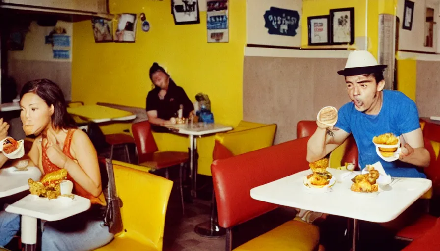 Prompt: blue customer eating red hamburger in yellow restaurant, film camera