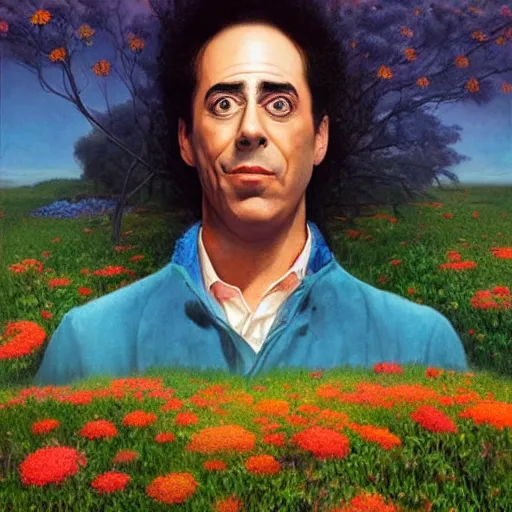 Prompt: Seinfeld made out of flowers, surreal landscaping in the background, portrait by Esao Andrews, concept art, existential horror, 4k HD, trending on ArtStation episode