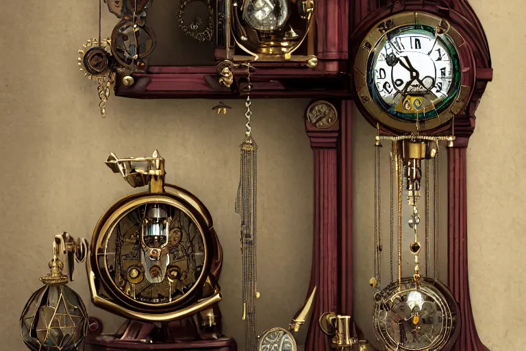 Prompt: steampunk clepsydra, mechanical and pendulum clock on the wall,heavily decorated by gemstones,classic,photorealistic,8k