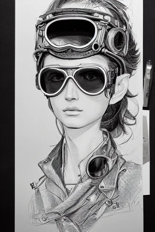 Prompt: portrait of a female aviator, wearing aviator goggles, beautiful, elegant, an ultrafine hyperdetailed illustration by kim jung gi, and moebius, jean gireaud, intricate linework, detailed faces, super sharp focus, bright colors, octopath traveler, final fantasy, unreal engine 5, central composition,