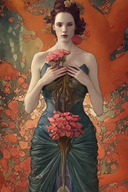 Image similar to portrait of a beautiful mysterious woman underwater, hidden hands holding a bouquet of flowers, corals and fish, by eve ventrue, michael carson, andreas rochas, john watkiss, casey weldon, artgerm. art nouveau. tarot card by mucha. gloomhaven. swirly intricate linework background. gaudy colors, sharp edges. octane render