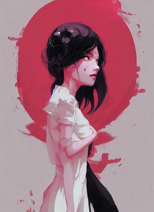 Image similar to highly detailed portrait of a ghost likely girl with neon red eyes, short white hair by atey ghailan, by greg rutkowski, by greg tocchini, by james gilleard, by joe fenton, by kaethe butcher, gradient pink, black, red, cream and white color scheme, trending in pinterest, award winning details