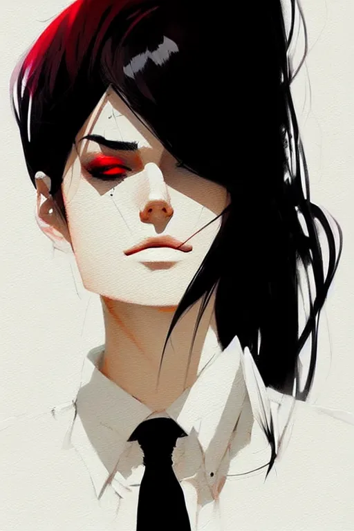 Image similar to a ultradetailed beautiful panting of a stylish woman, she is wearing a white shirt with a tie and black pants, by conrad roset, greg rutkowski and makoto shinkai trending on artstation