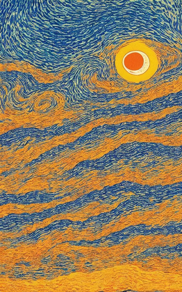 Prompt: a beautiful sunset on a beach, fractal waves. retro minimalist art by jean giraud and van gogh.