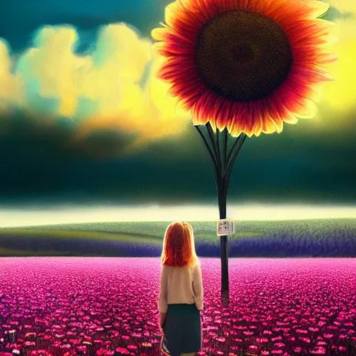 Image similar to giant daisy flower as head, girl standing in a flower field, surreal photography, sunrise, dramatic light, impressionist painting, colorful clouds, digital painting, artstation, simon stalenhag