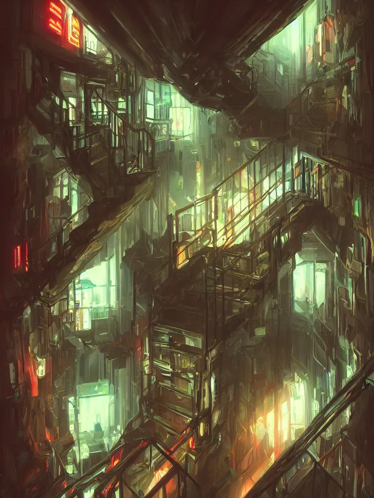 Image similar to look down a cellar staircase, neon lights, cyberpunk style, digital painting, concept art, smooth, sharp focus, hyperrealistic, illustration, artstation trending