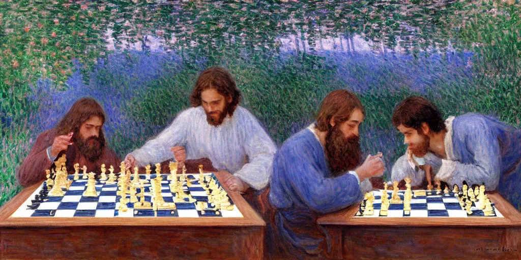 Prompt: jesus and magnus carlsen playing chess in heaven by monet