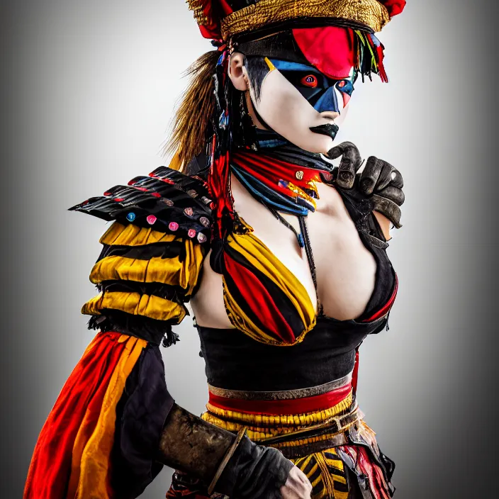 Image similar to full body photo of a real - life very beautiful female harlequin warrior, 8 k, hdr, smooth, sharp focus, high resolution, award - winning photo