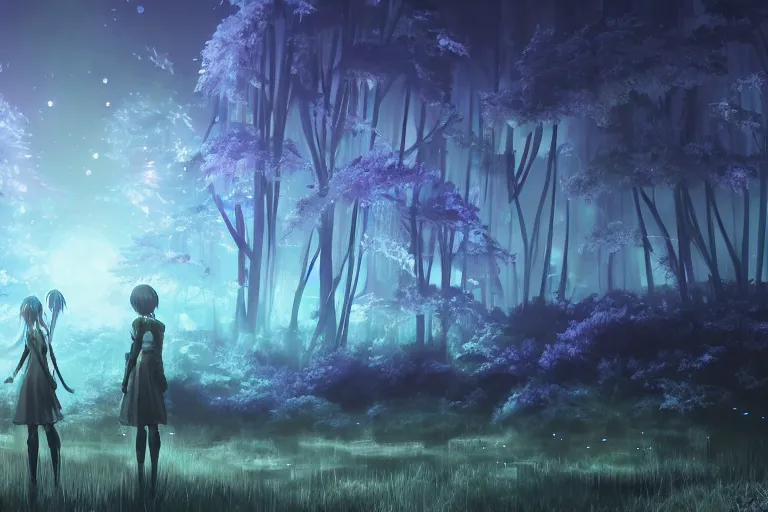 Image similar to scenery artwork, scene beautiful, light essence bioluminescent acrylic and cold nier automata pixiv scenery artwork : nature dream wire vegetation magic density infinite, hypersigil astrology macro seminal dream points of frozen imaginative vaporwave juice fluid dream scenery, high quality astral projection renders, nier automata, concept art