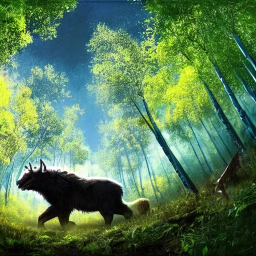 Prompt: a large beast walking through a lush aspen forest. dark color, ultra wide angle, panoramic, fish eye, colorfull painting, centered, front, horizon, outline, detailed, art by stephan martiniere, 4 k resolution