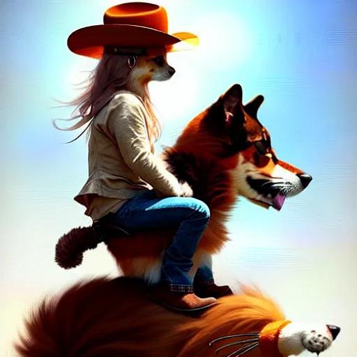 Image similar to fluffy cat in cowboy hat like a tiny girl riding on the back of a giant corgi by greg rutkowski