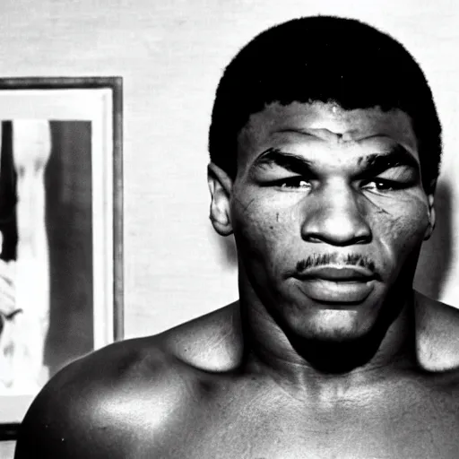 Prompt: 21 year old mike tyson staring at the camera with anger in his eyes.