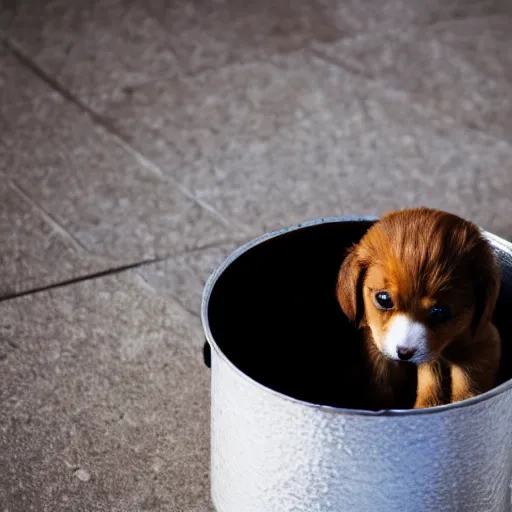 Prompt: puppy sitting in a small metal pot, photography, minimalistic, 8 k