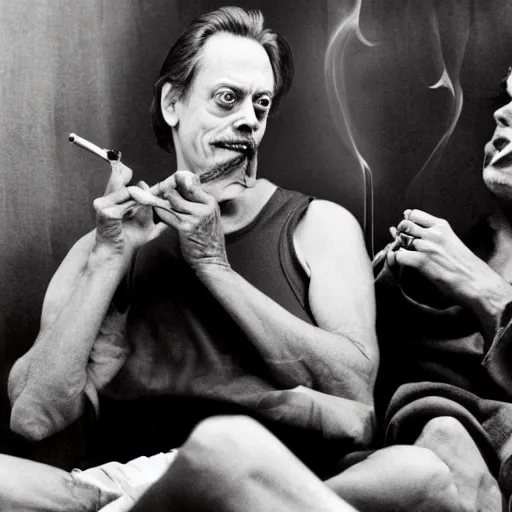 Prompt: Steve Buscemi and the Buddha smoking a joint