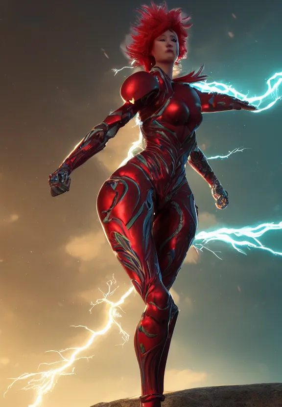 Image similar to vfx, octane render, zbrush, one beautiful anatomically correct woman, wearing spandex armour with flowing red hair and green eyes, super hero full body, walking towards the camera, volumetric lightning, highly detailed, concept art, art station, center of picture.