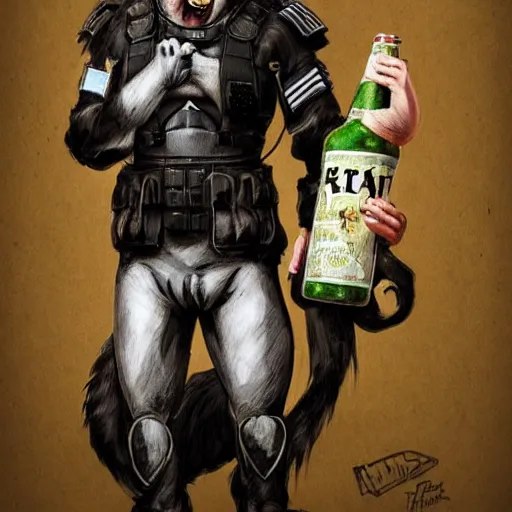 Image similar to a humanoid german shepherd beast - man in military style, holding a bottle of beer, artstation, concept art, smooth, sharp foccus ilustration, artstation