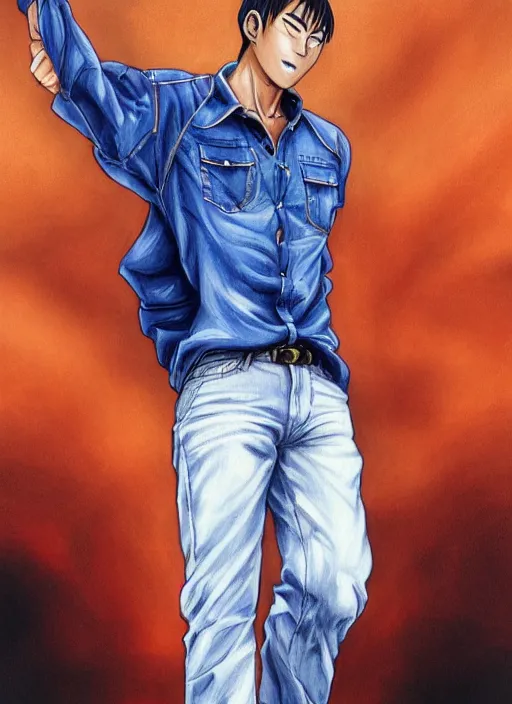 Image similar to Portrait of Onizuka from GTO wearing only jeans , masculine and muscular, both fist closed, intricate body, whole body highly detailed, digital painting, artstation, concept art, smooth, sharp focus, illustration, art by Hajime Sorayama