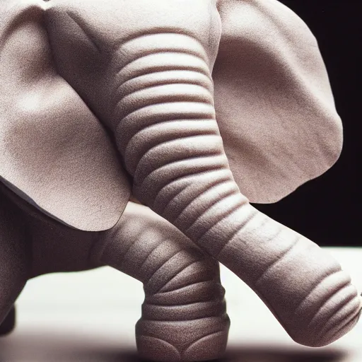 Image similar to 35mm macro photograph of a hand carved elephant wearing a suit working on a couch typing on a miniature computer keyboard