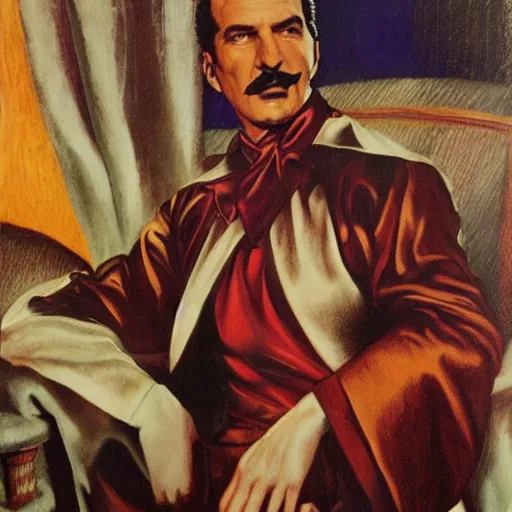 Prompt: vincent price as billionaire howard hughes in exotic fantasy satin robes and high collar, vivid, renaissance, illustration, dynamic and dramatic, highly detailed, rough paper, dark, oil painting