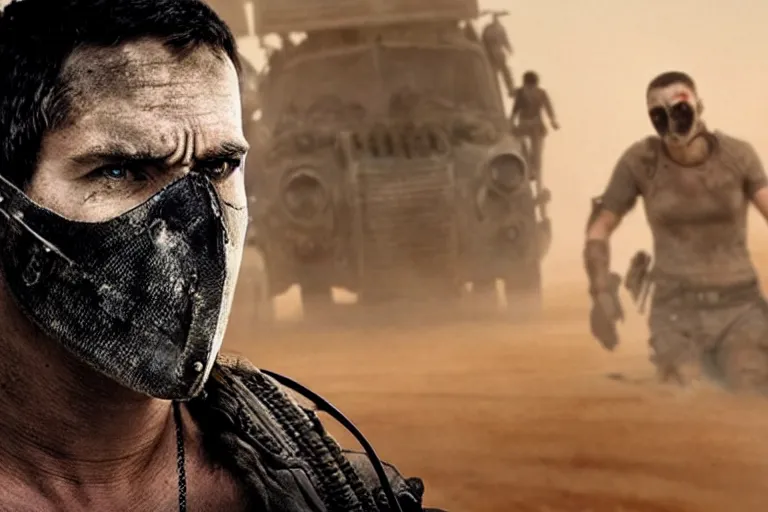 Prompt: half masked white man, short dark hair, from the makers of mad max fury road. witness me.