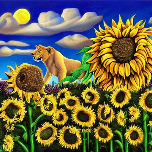 Image similar to lions and sunflowers 🌻🌫 in the style of salvador dali