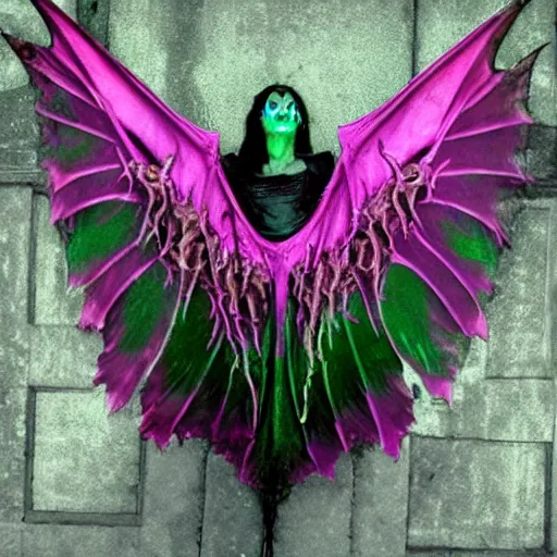 Image similar to pale decaying queen, crown of evil, devil bat wings, cinematic horror movie, dark liminal hell, emerald flames, lies in beauty evil