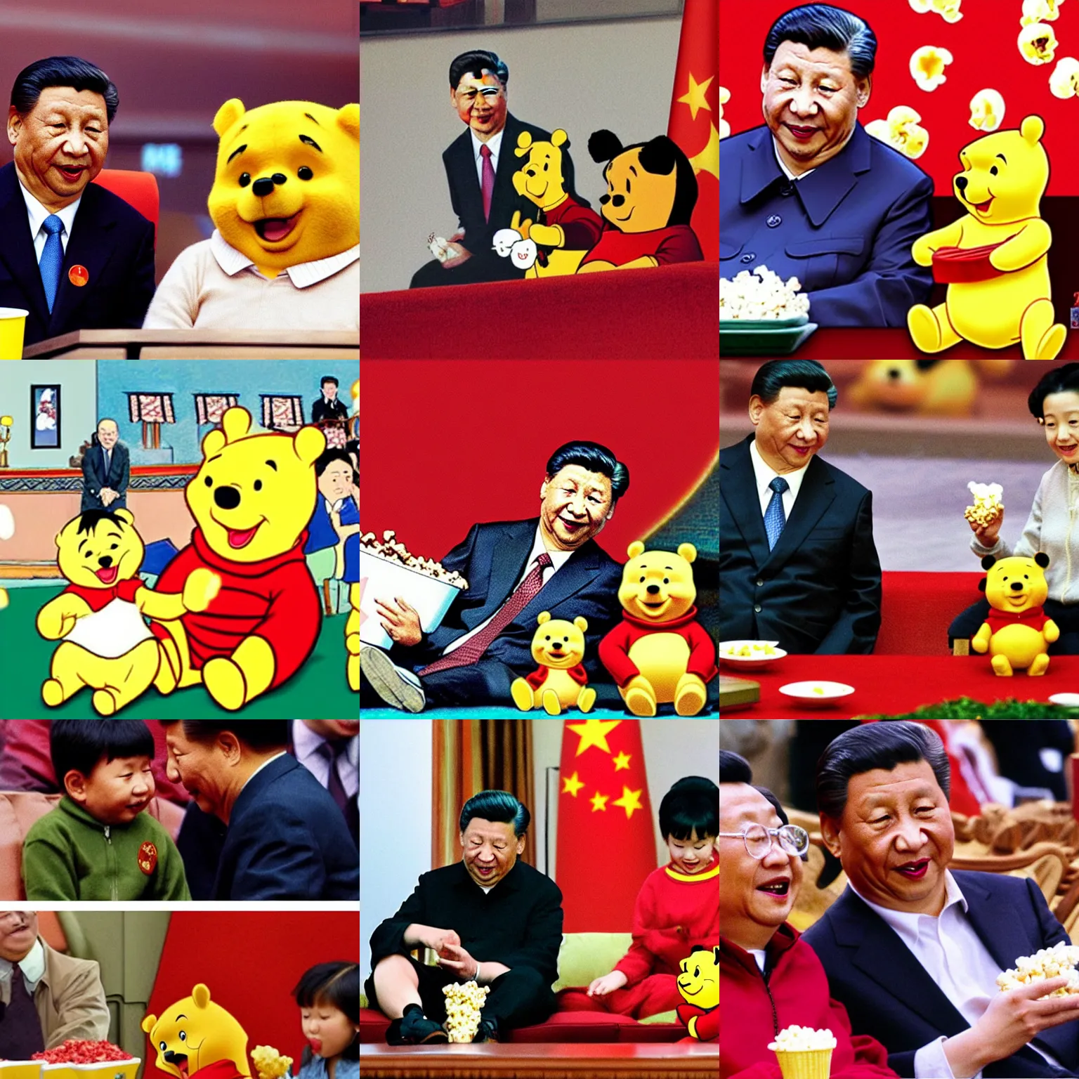 Prompt: xi jinping and winnie the pooh watching a movie eating popcorn