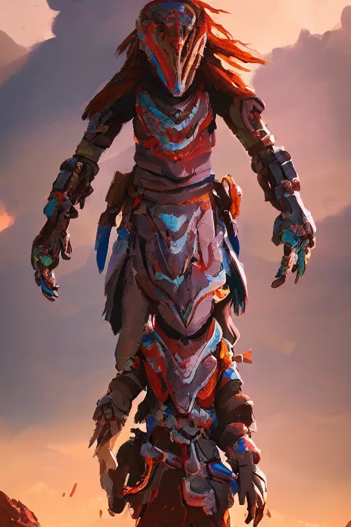 Image similar to combination suit armor aloy horizon forbidden west horizon zero dawn radiating a glowing aura global illumination ray tracing hdr fanart arstation by ian pesty and alena aenami artworks in 4 k tribal robot ninja mask helmet backpack