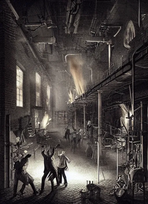 Prompt: “Party in old 19th century factory with lots of people holding burning torches and dancing. Spotlights, smoke. Artstation. Dark, highly detailed. In style of Mike Savad.”