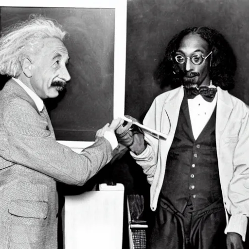 Prompt: Albert Einstein and Snoop Dogg discussing physics and smoking blunts