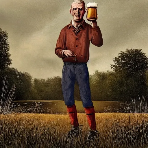 Image similar to a Scottish man holding a pint of beer in the middle of an empty field, In the back ground of the frame is a beautiful landscape., physically accurate, dynamic lighting, intricate, elegant, highly detailed, digital painting in the style of very very ralph steadman, sharp focus, illustration