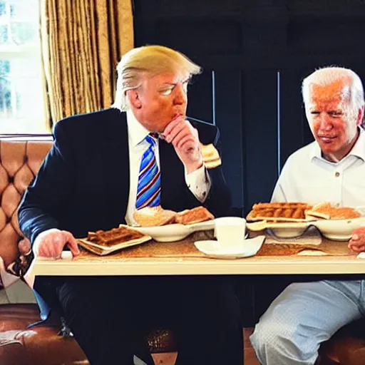 Image similar to photograph of trump and Biden sitting and eating breakfast at a Wafflehouse