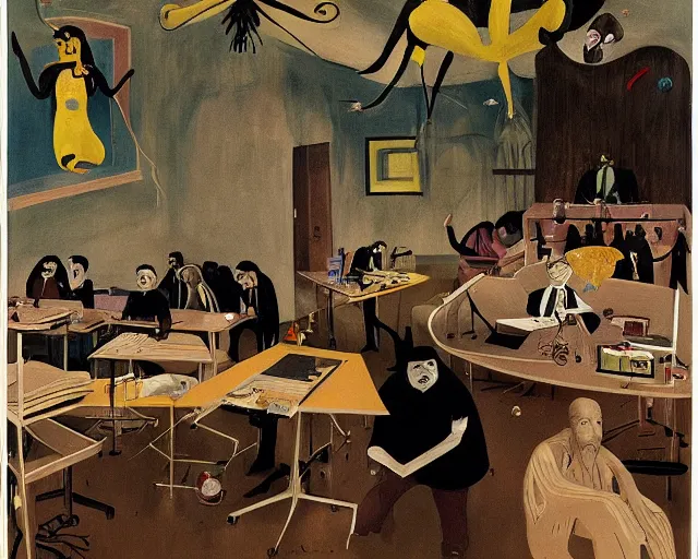 Image similar to the horror of beaurocracy, papers, horror, desks, office, waiting, stress, frustration, anger, crowded, harsh cinematic lighting, high qulity, 4 k, by charles addams and hilma af klint and affandi