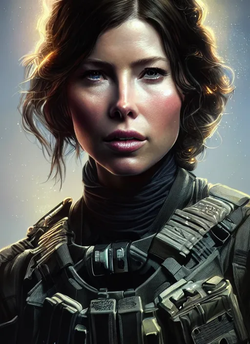 Image similar to portrait of call of duty black ops jessica biel, intricate, elegant, glowing lights, highly detailed, digital painting, artstation, glamor pose, concept art, smooth, sharp focus, illustration, art by artgerm and greg rutkowski, artey freytag