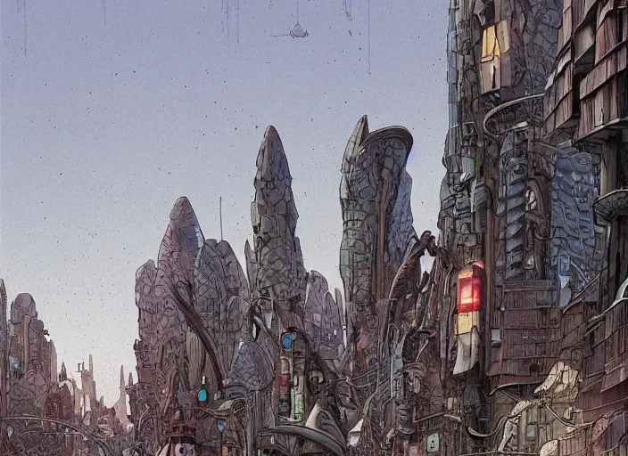 Image similar to close up city street view on an alien planet by moebius, earth and pastel colors, architecture by gaudi, mutant inhabitatnts by enki bilal, dramatic perspective, very coherent, trending on artstation