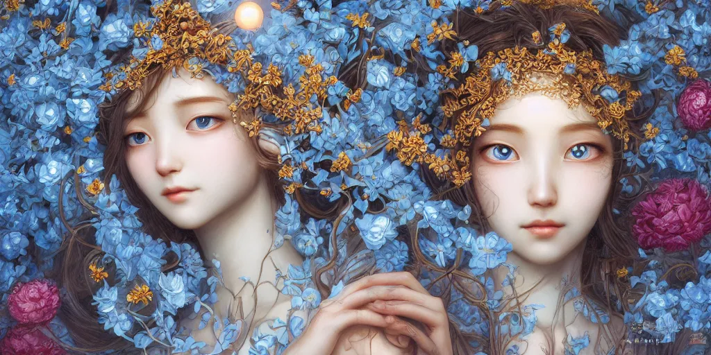 Image similar to breathtaking detailed concept art painting of the in love goddess of light blue flowers, orthodox saint, with anxious, piercing eyes, ornate background, amalgamation of leaves and flowers, by Hsiao-Ron Cheng, James jean, Miho Hirano, Hayao Miyazaki, extremely moody lighting, 8K