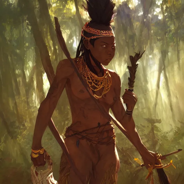 a tribal warrior in the forest, african. By Makoto, Stable Diffusion