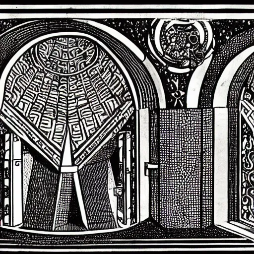 Prompt: illustration of a person choosing between tunnels inside a highly intricate torus with detailed golden ornamentation and golden life